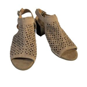 Franco Sarto Tan Perforated Suede Harlet 3 Chunky Heel Open Toe Slingback 9.5M